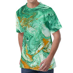 Green Gold Liquid Marble Print Men's Velvet T-Shirt