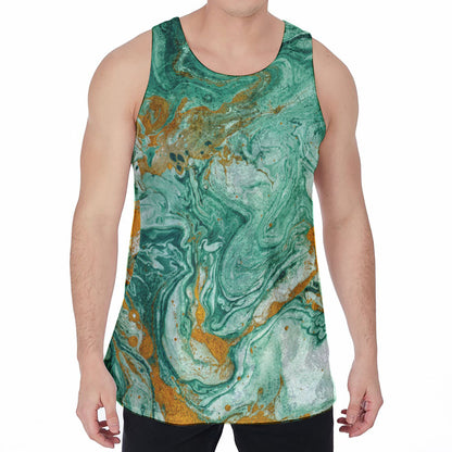 Green Gold Liquid Marble Print Men's Velvet Tank Top