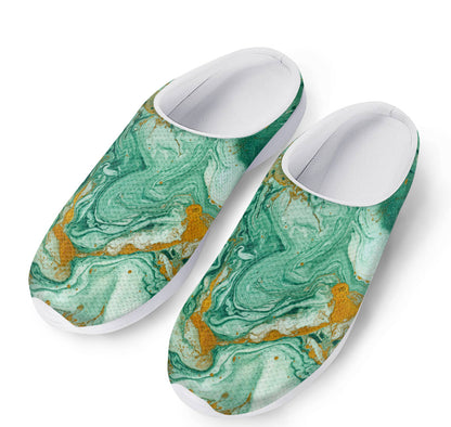 Green Gold Liquid Marble Print Mesh Casual Shoes