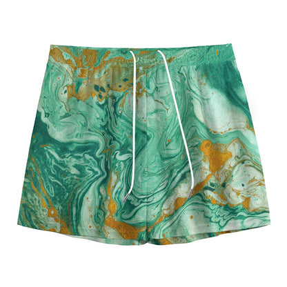 Green Gold Liquid Marble Print Mesh Shorts