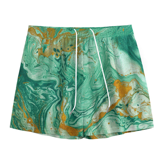 Green Gold Liquid Marble Print Mesh Shorts
