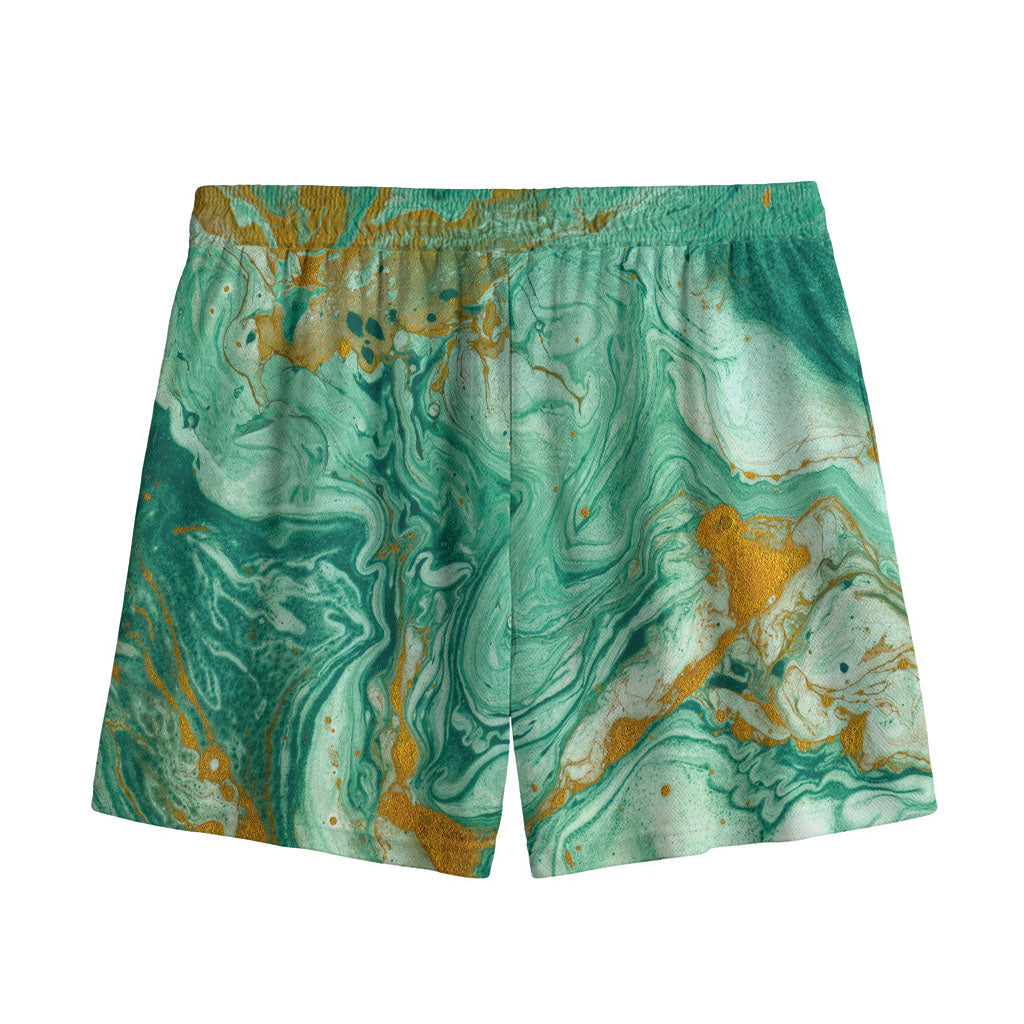 Green Gold Liquid Marble Print Mesh Shorts