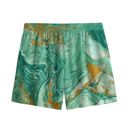 Green Gold Liquid Marble Print Mesh Shorts