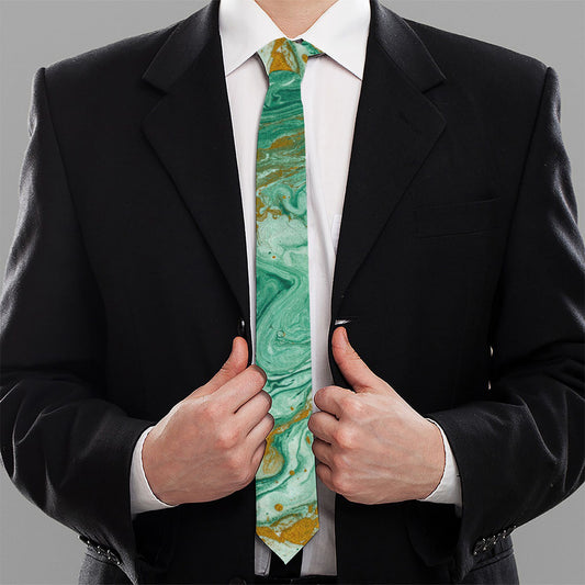 Green Gold Liquid Marble Print Necktie