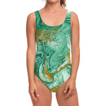 Green Gold Liquid Marble Print One Piece Swimsuit