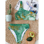 Green Gold Liquid Marble Print One Shoulder Bikini Top