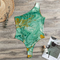 Green Gold Liquid Marble Print One Shoulder Bodysuit