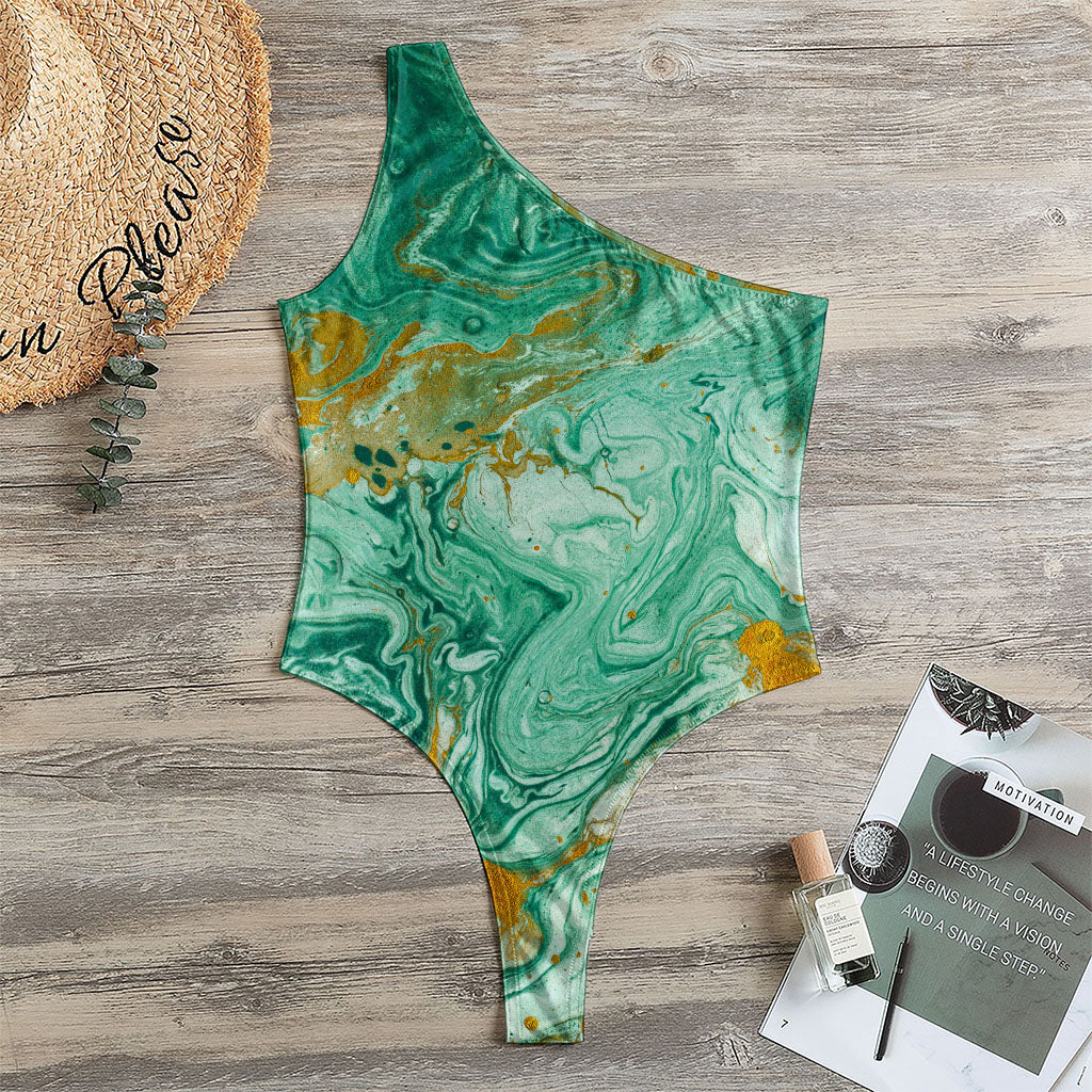 Green Gold Liquid Marble Print One Shoulder Bodysuit