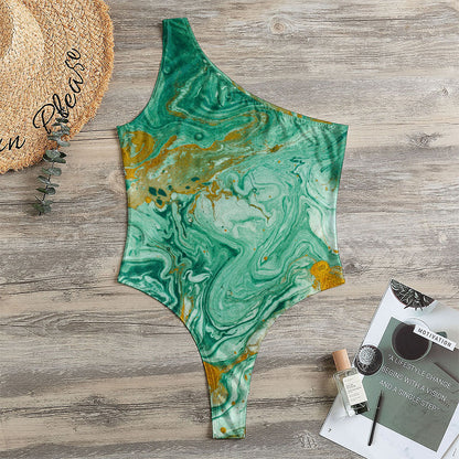 Green Gold Liquid Marble Print One Shoulder Bodysuit