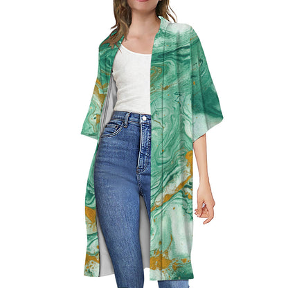 Green Gold Liquid Marble Print Open Front Beach Cover Up