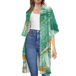 Green Gold Liquid Marble Print Open Front Beach Cover Up