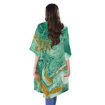 Green Gold Liquid Marble Print Open Front Beach Cover Up