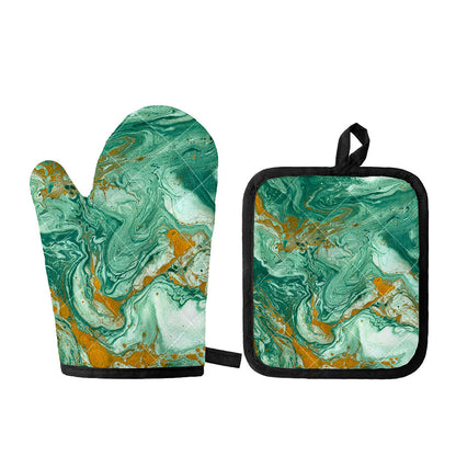 Green Gold Liquid Marble Print Oven Mitt And Pot Holder Set