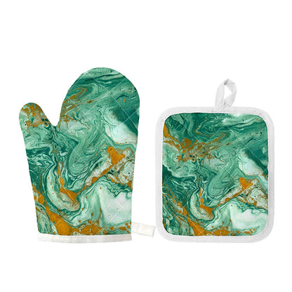 Green Gold Liquid Marble Print Oven Mitt And Pot Holder Set