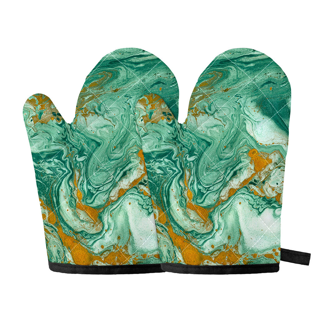Green Gold Liquid Marble Print Oven Mitts