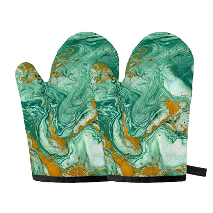 Green Gold Liquid Marble Print Oven Mitts