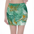 Green Gold Liquid Marble Print Pencil Mini Skirt