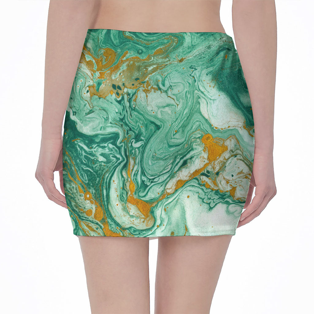 Green Gold Liquid Marble Print Pencil Mini Skirt