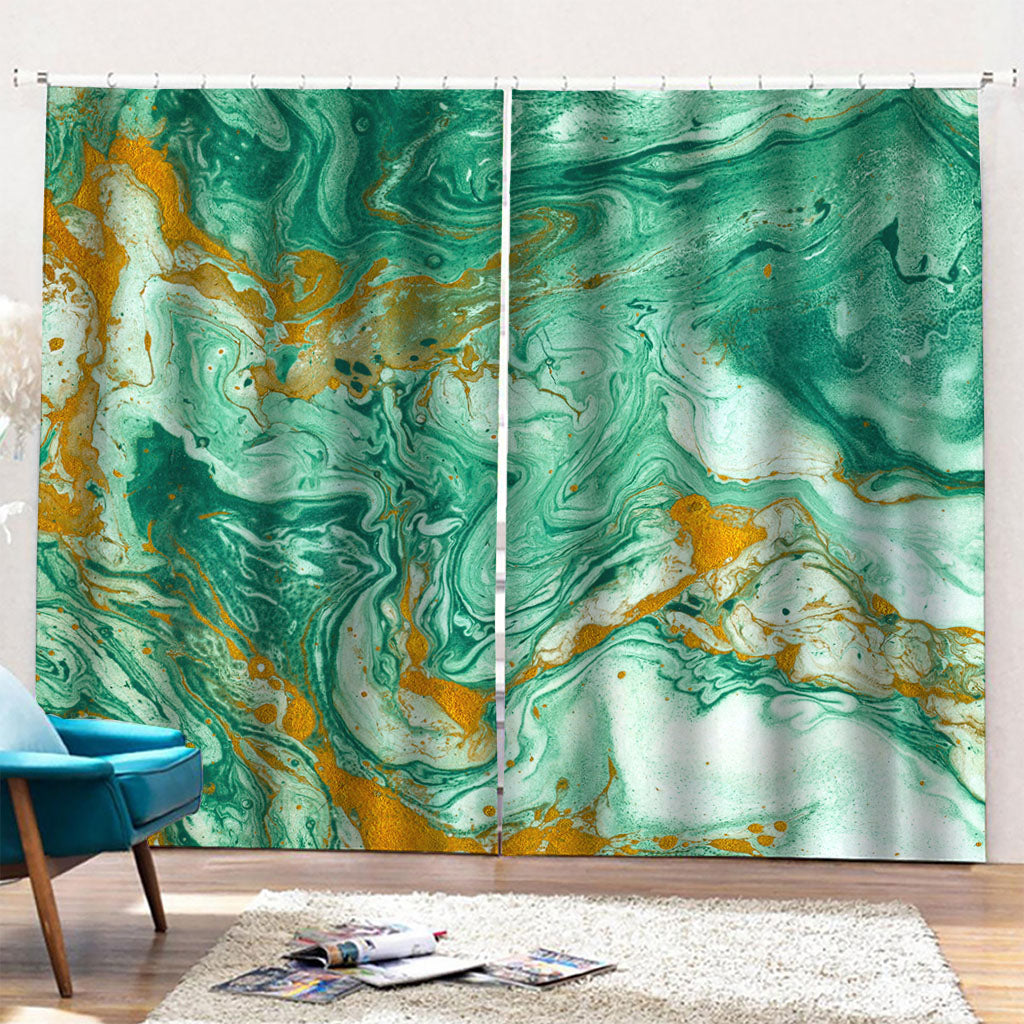 Green Gold Liquid Marble Print Pencil Pleat Curtains