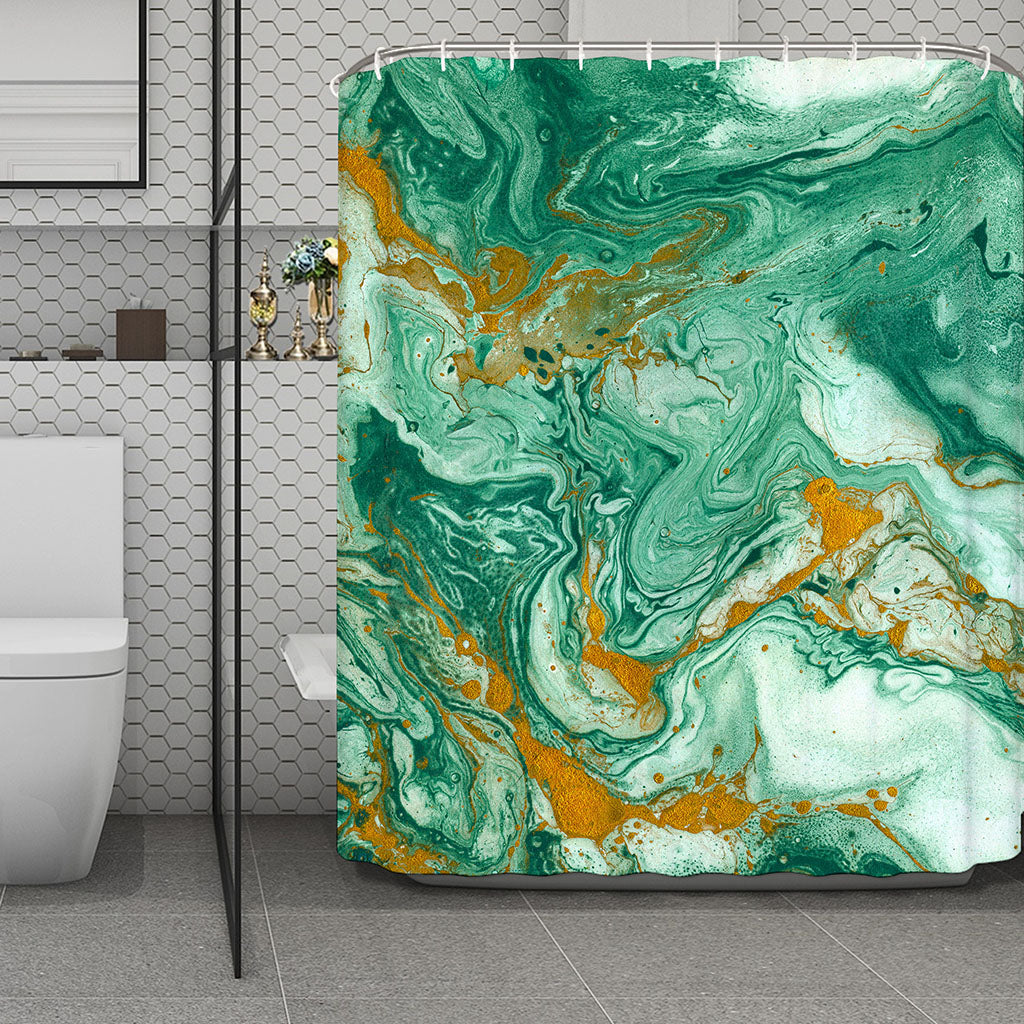 Green Gold Liquid Marble Print Polyester Shower Curtain