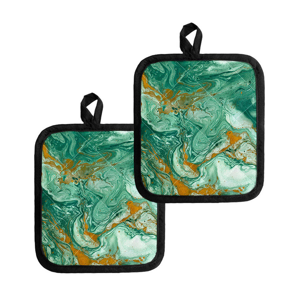 Green Gold Liquid Marble Print Pot Holders