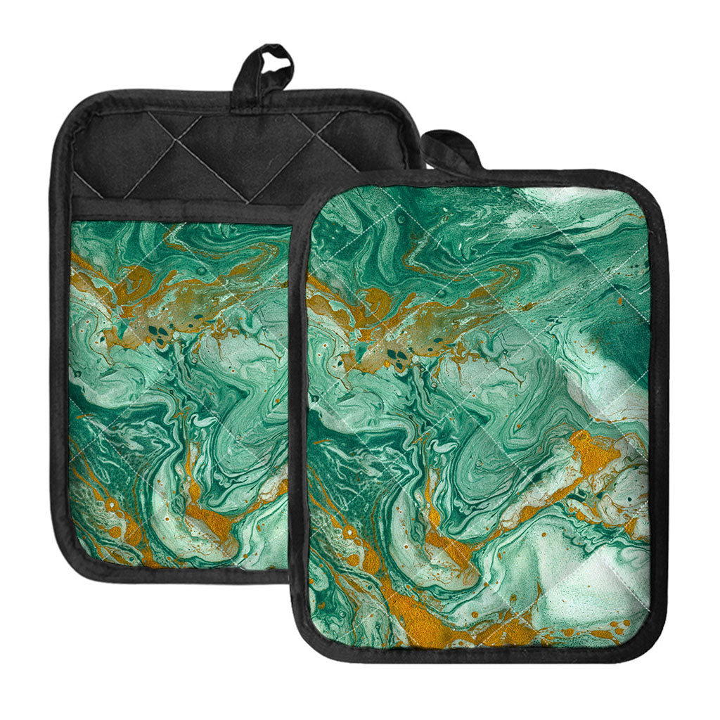 Green Gold Liquid Marble Print Pot Holders With Pocket