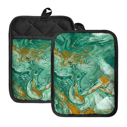 Green Gold Liquid Marble Print Pot Holders With Pocket