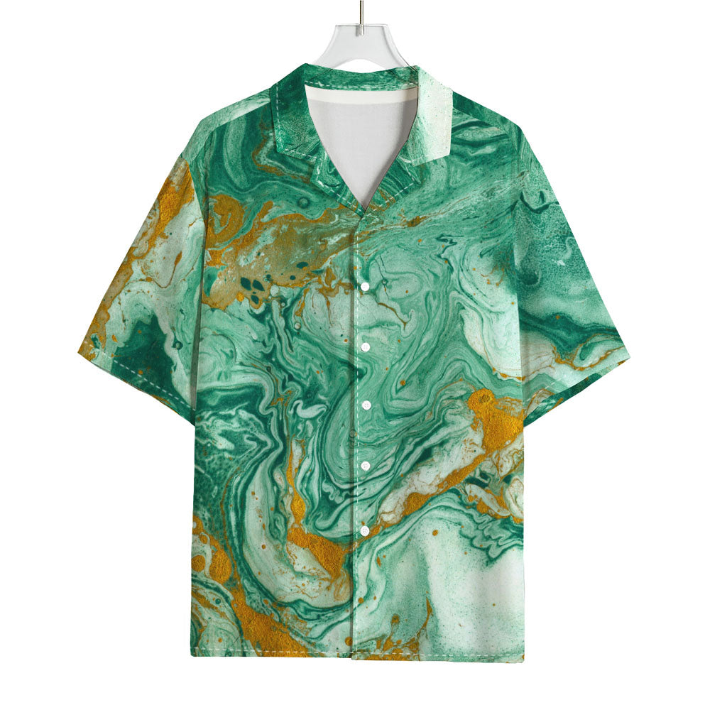 Green Gold Liquid Marble Print Rayon Hawaiian Shirt