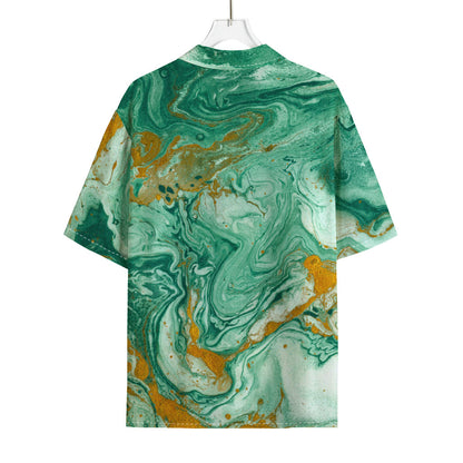 Green Gold Liquid Marble Print Rayon Hawaiian Shirt