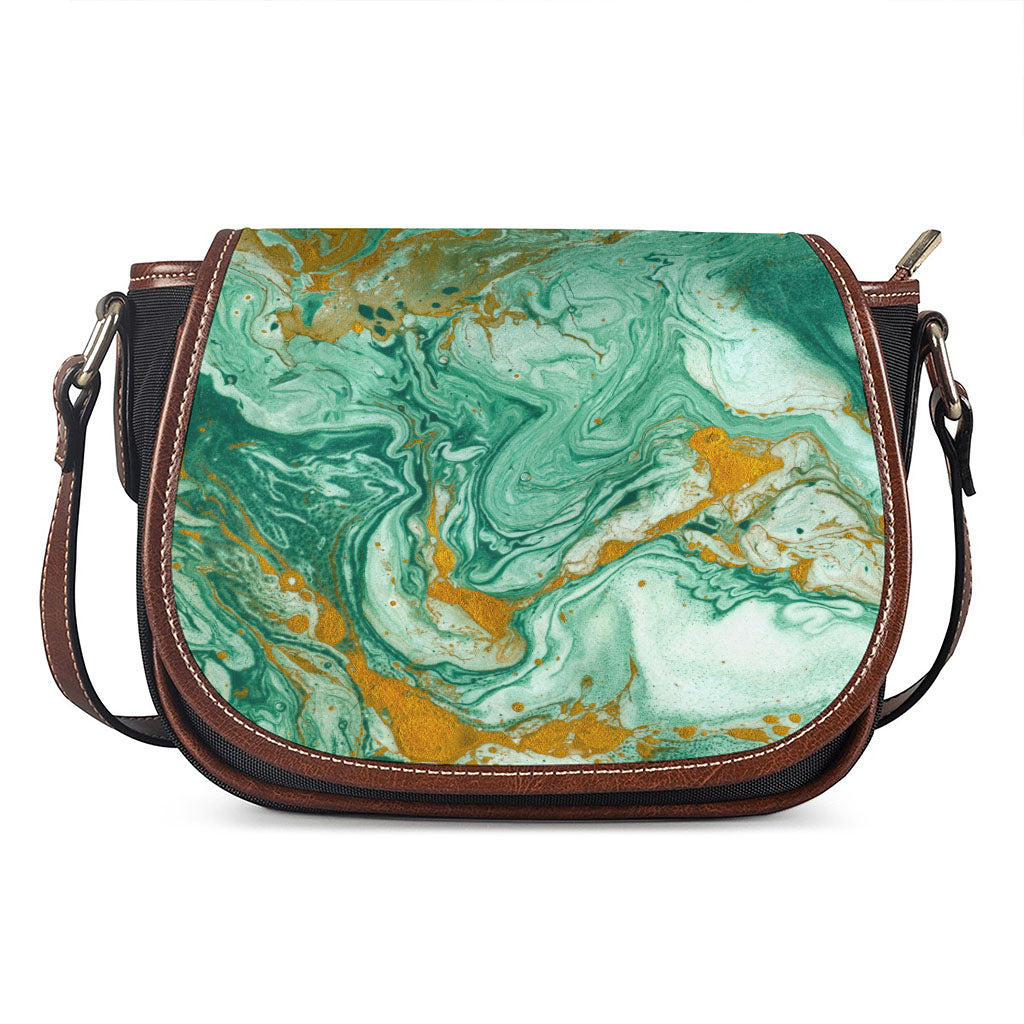 Green Gold Liquid Marble Print Saddle Bag