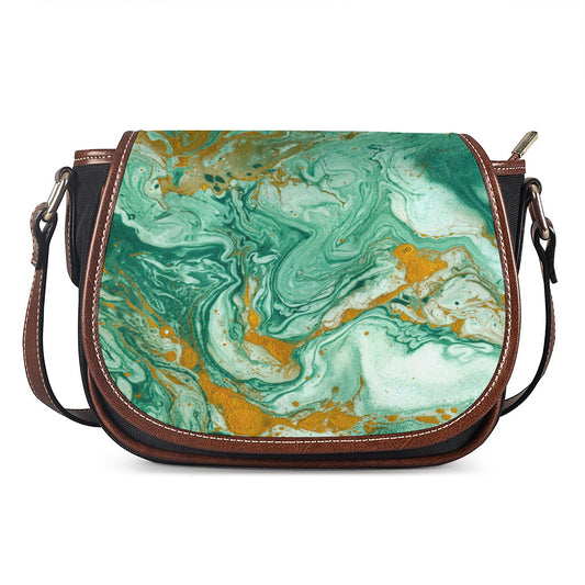 Green Gold Liquid Marble Print Saddle Bag