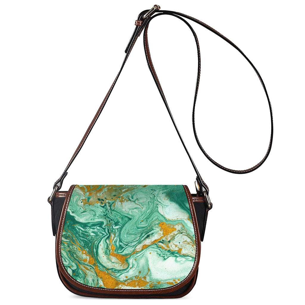 Green Gold Liquid Marble Print Saddle Bag