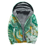 Green Gold Liquid Marble Print Sherpa Lined Zip Up Hoodie