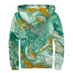 Green Gold Liquid Marble Print Sherpa Lined Zip Up Hoodie