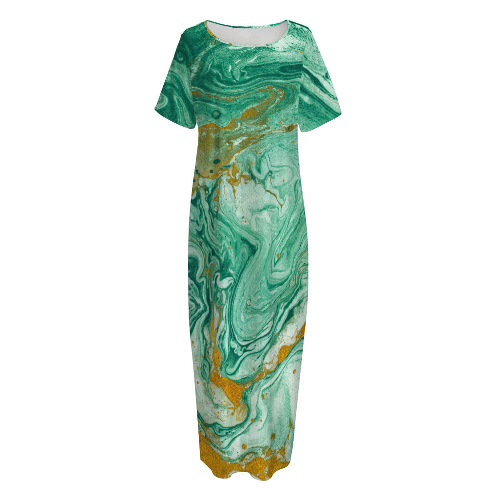 Green Gold Liquid Marble Print Short Sleeve Long Nightdress