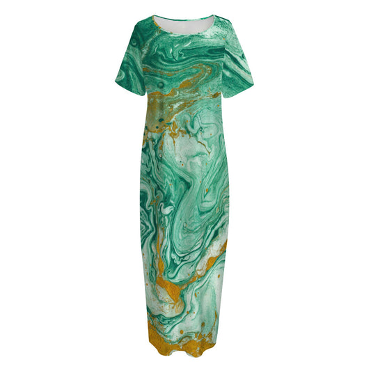 Green Gold Liquid Marble Print Short Sleeve Long Nightdress