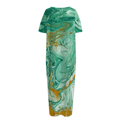 Green Gold Liquid Marble Print Short Sleeve Long Nightdress