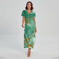 Green Gold Liquid Marble Print Short Sleeve Maxi Dress