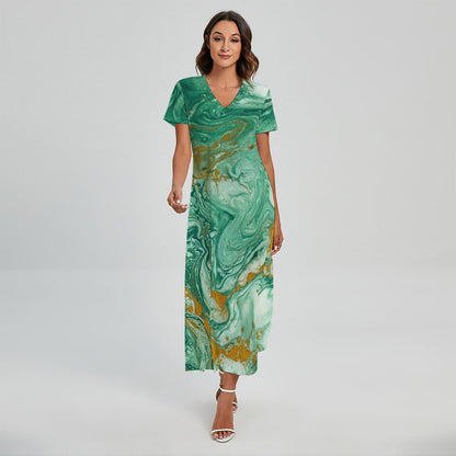 Green Gold Liquid Marble Print Short Sleeve Maxi Dress