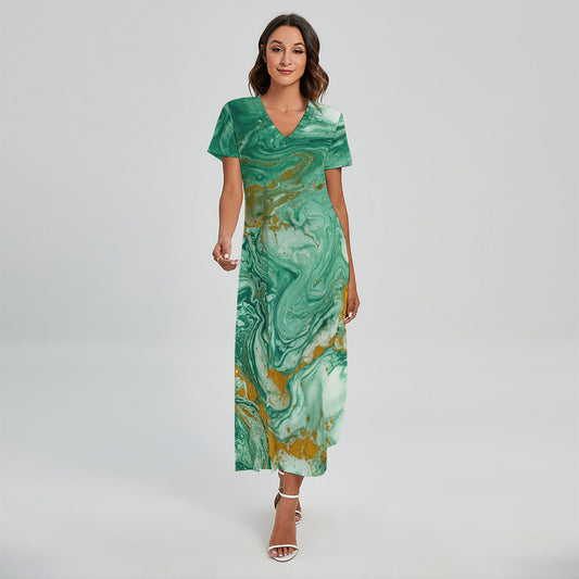 Green Gold Liquid Marble Print Short Sleeve Maxi Dress