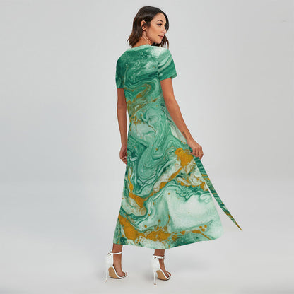 Green Gold Liquid Marble Print Short Sleeve Maxi Dress