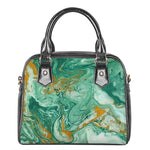 Green Gold Liquid Marble Print Shoulder Handbag