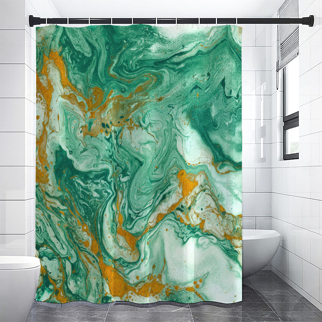 Green Gold Liquid Marble Print Shower Curtain