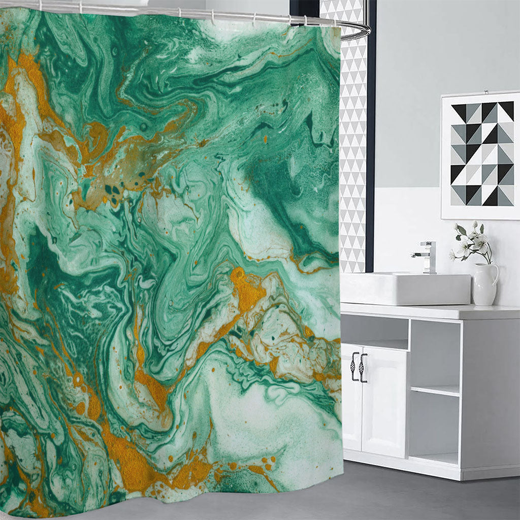 Green Gold Liquid Marble Print Shower Curtain