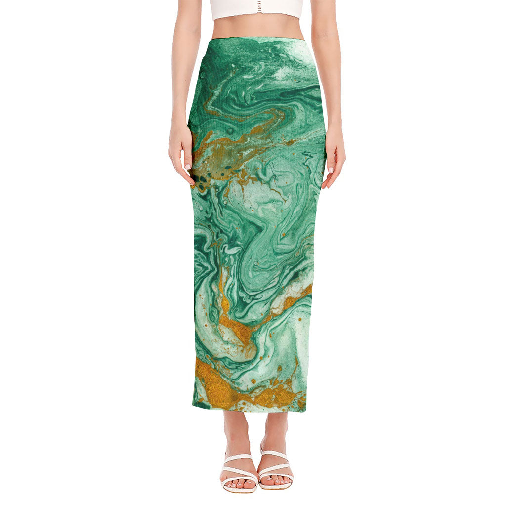 Green Gold Liquid Marble Print Side Slit Maxi Skirt