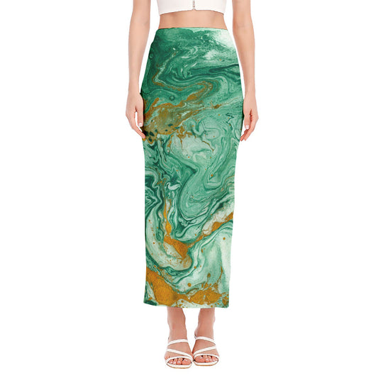 Green Gold Liquid Marble Print Side Slit Maxi Skirt