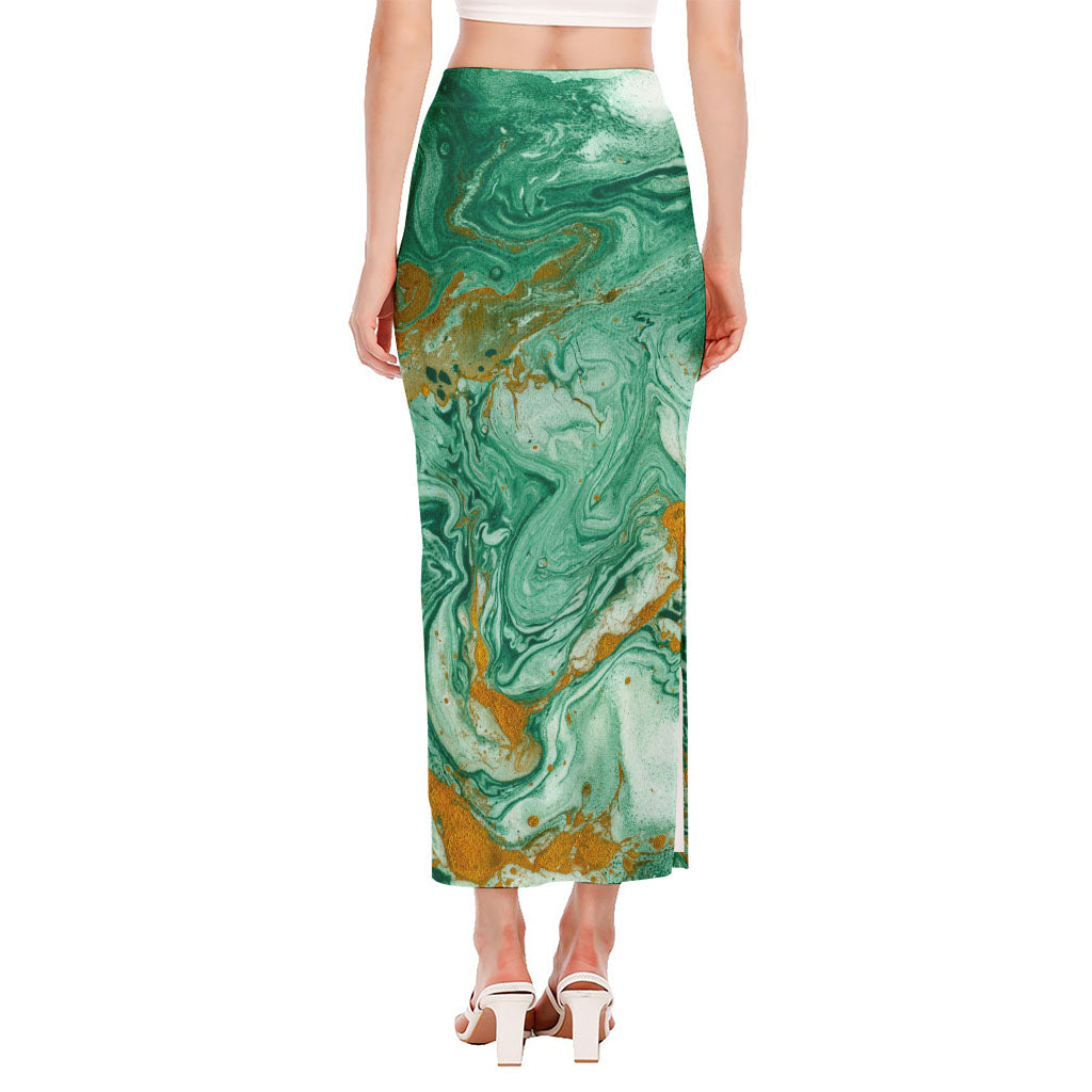 Green Gold Liquid Marble Print Side Slit Maxi Skirt