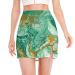 Green Gold Liquid Marble Print Side Slit Mini Skirt
