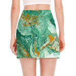 Green Gold Liquid Marble Print Side Slit Mini Skirt