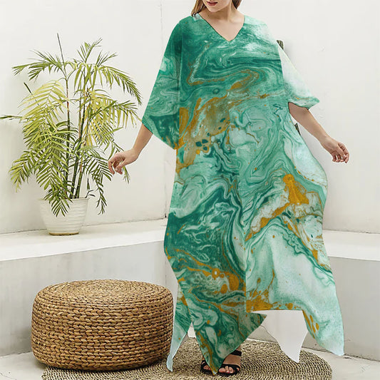 Green Gold Liquid Marble Print Silk V-Neck Kaftan Dress